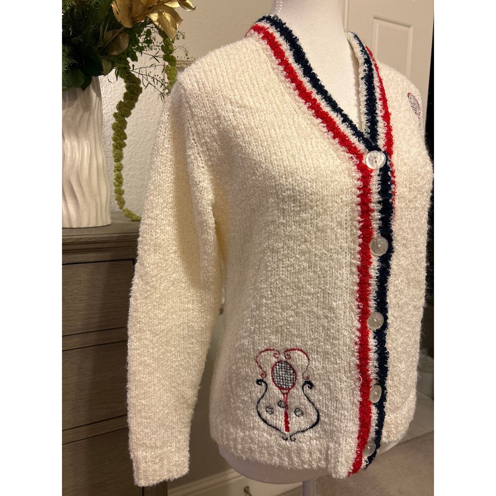 Haymaker | Vintage Cream/Blue/Red Tennis Cardigan Sweater | Sm - Picture 4 of 10
